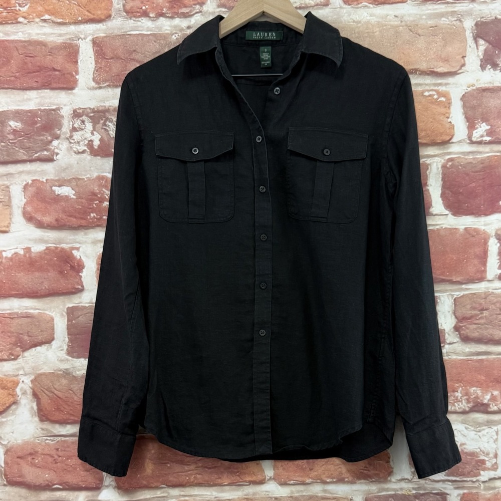 Ralph Lauren Top Women's Small Plain Black 100% Linen Casual Career Shirt